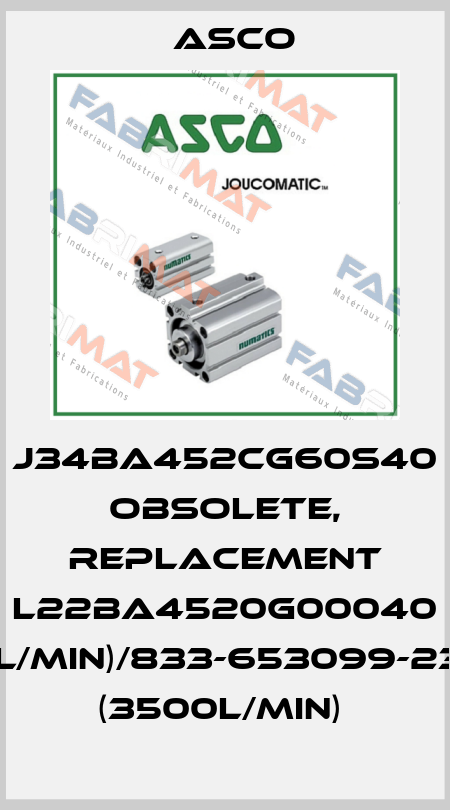 J34BA452CG60S40 obsolete, replacement L22BA4520G00040 (1700l/min)/833-653099-230/50 (3500l/min)  Asco